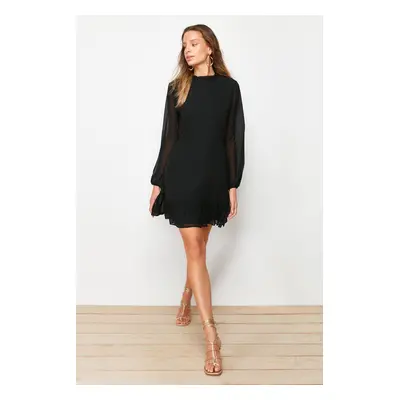 Trendyol Black A-Line Ruffle Detailed Stand Collar Mini Lined Chiffon Woven Winter Dress