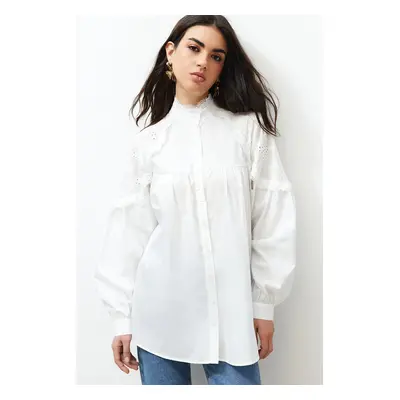 Trendyol Ecru Embroidered Cotton Woven Shirt