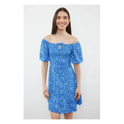 Trendyol Blue Floral Midi Dress with Tie Detail and Elastic Waist Opening Knitted Dress