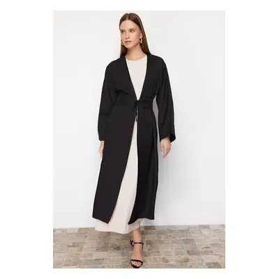 Trendyol Black Linen Look Woven Kimono & Kaftan with Tie-Up Detail on the Waist