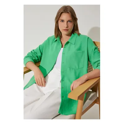 Happiness İstanbul Women's Green Oversize Linen Ayrobin Shirt