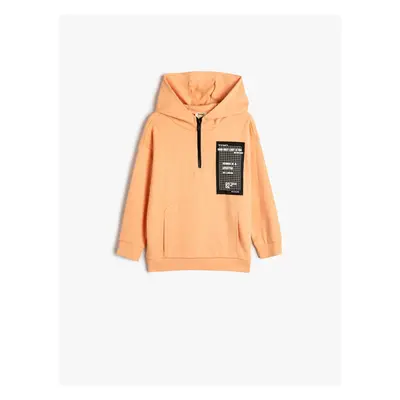 Koton Hooded Sweatshirt Kangaroo Pocket Half Zipper Print Detail Cotton