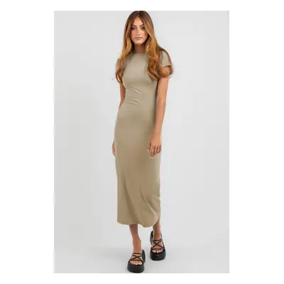 Madmext Beige Basic Half Turtleneck Long Dress