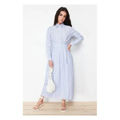 Trendyol Blue Buttoned Striped Woven Shirt Dress