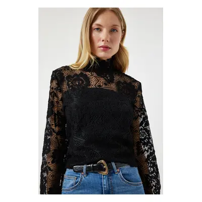 Happiness İstanbul Black High Neck Lace Elegant Blouse