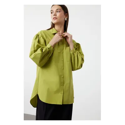 Trendyol Oil Green Balloon Sleeve Back Long Pocket Detailed Basic Woven Shirt