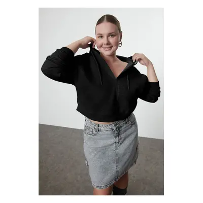 Trendyol Curve Black Deep V Neck Crop Top with Polar Fleece Inside Knitted Plus Size Sweatshirt