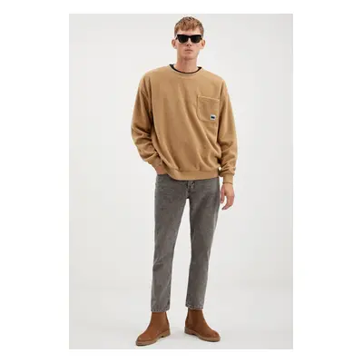 GRIMELANGE Thompson Men's Fleece Thick Textured Light Brown Sweatshirt with Pocket And Ornamenta