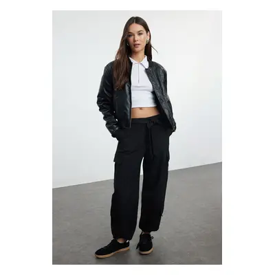 Trendyol Black Soft Textured Cotton Gabardine Belted Cargo Woven Trousers