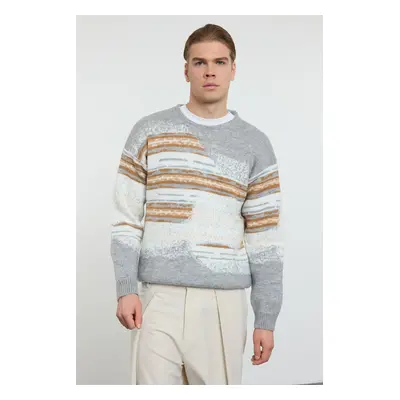 Trendyol Grey Unisex Crew Neck Landscape Knitted Sweater