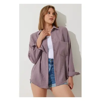 Happiness İstanbul Women's Lilac Oversize Linen Ayrobin Shirt