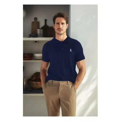 Trendyol Navy Blue Regular/Normal Cut 100% Cotton Embroidered Polo Neck T-shirt