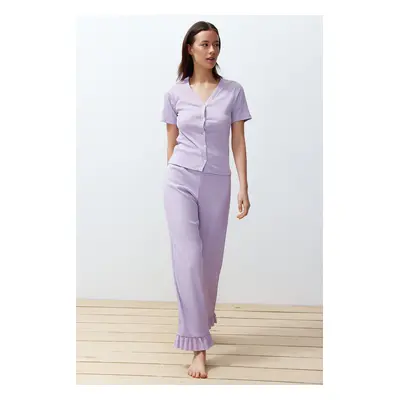 Trendyol Lilac Frill Detailed Corded Knitted Pajamas Set