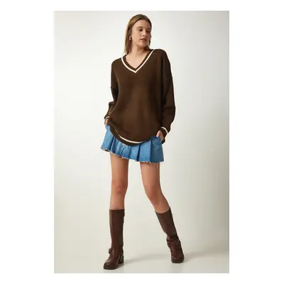 Happiness İstanbul Women's Brown V-Neck Oversize Long Knitwear Sweater