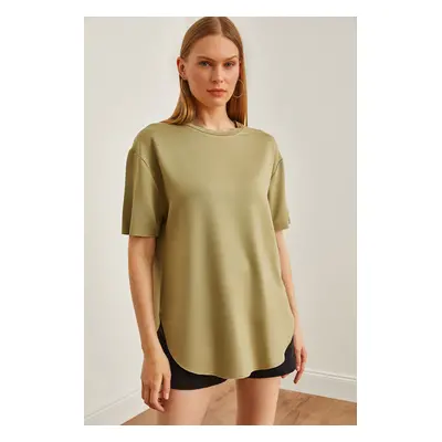 Olalook Women's Khaki Modal Buttoned Soft Texture Six Oval T-Shirt