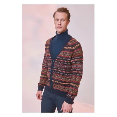 Trendyol Navy Blue Slim Fit Wool V Neck Jacquard Knitwear Cardigan