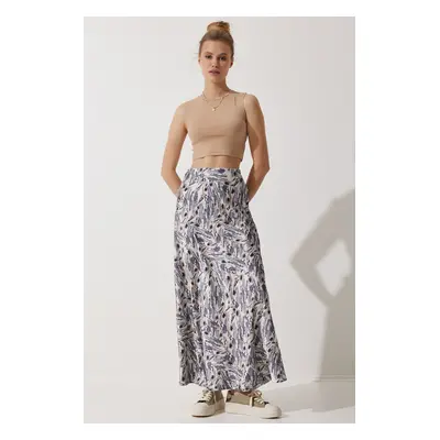 Happiness İstanbul Women's Gray Beige Patterned Satin Surface Skirt