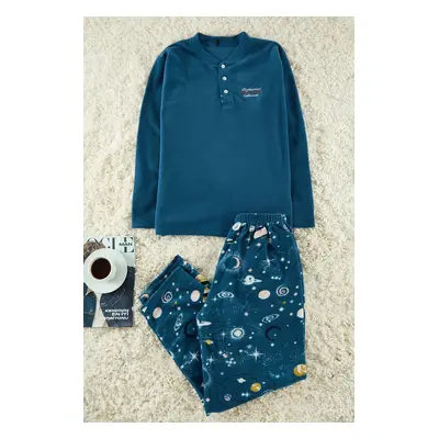 Trendyol Indigo Fleece Soft Textured Knitted Pajamas Set