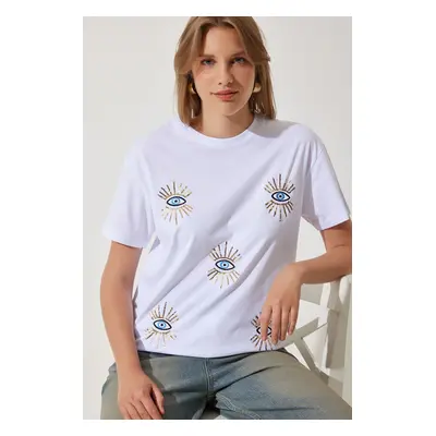 Happiness İstanbul Women's White Sequin Embroidered Oversize Cotton Knitted T-Shirt