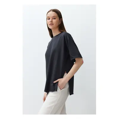 Trendyol Anthracite 100% Cotton Double Sleeve Asymmetric Boyfriend Knitted T-Shirt