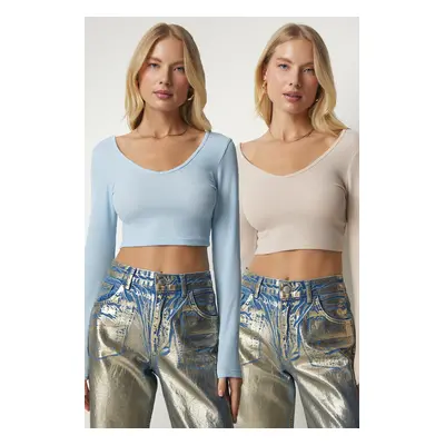 Happiness İstanbul Women's Biscuit Baby Blue V Neck Pack Crop Blouse