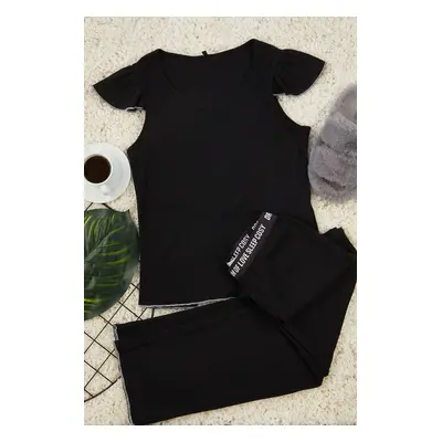 Trendyol Black 100% Cotton Baby Overlock and Printed Elastic Detailed Ribbed Knitted Pajama Set