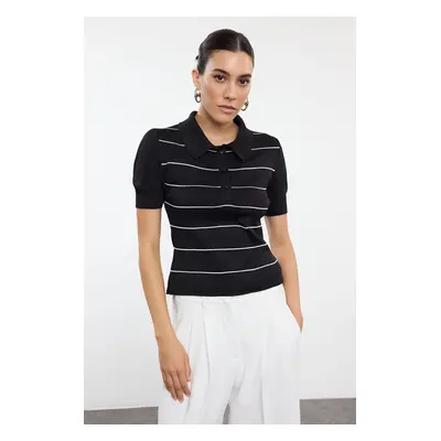 Trendyol Black Polo Neck Striped Knitwear Sweater