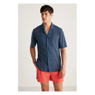 GRIMELANGE Doug Men's Linen Look Regular Fit Tiril Tiril Fabric Summer Navy Blue Shirt