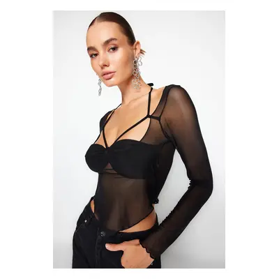 Trendyol Black Cut Out/Window Detailed Tulle Blouse