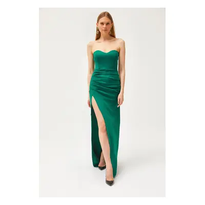 Olalook Women's Emerald Green Deep Slit Strapless Long Dress