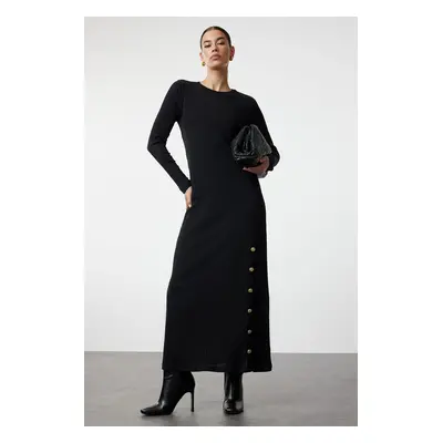 Trendyol Black Button Detailed Corduroy Knitted Dress