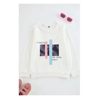 Trendyol Ecru*002 Girl Printed Crew Neck Cotton Knitted Sweatshirt