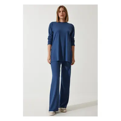 Happiness İstanbul Women's Navy Blue Ribbed Knitted Blouse Pants Suit