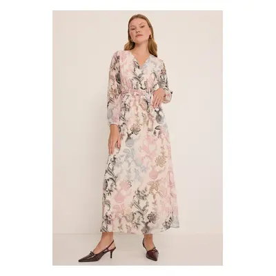 Bigdart Women&#39;s Dusty Rose Black Floral Patterned Chiffon Dress