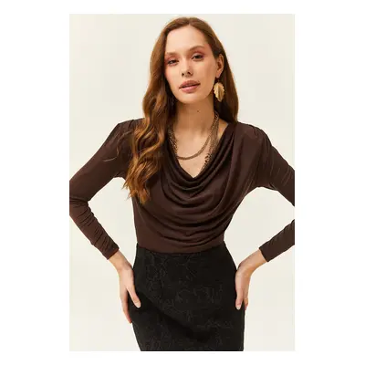 Olalook Women's Bitter Brown Waistband Pleated Turndown Collar Blouse