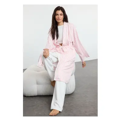 Trendyol Pink Belted 100% Cotton Striped Knit Dressing gown