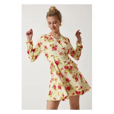 Happiness İstanbul Women's Yellow Floral Mini Wrapped Chiffon Dress