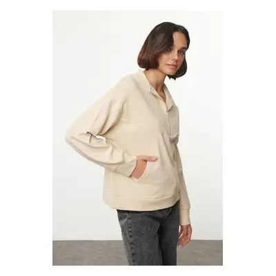 Trendyol Stone Relaxed/Comfortable Fit Zippered Pocket Detailed Knitted Sweatshirt