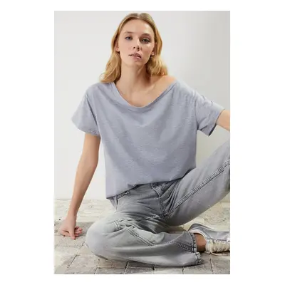 Trendyol Gray Melange Oversize/Wide Pattern Boat Neck Knitted T-Shirt