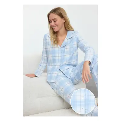 Trendyol Blue-Multicolored Cotton Plaid Pocket Detail Flannel Fabric Woven Pajama Set