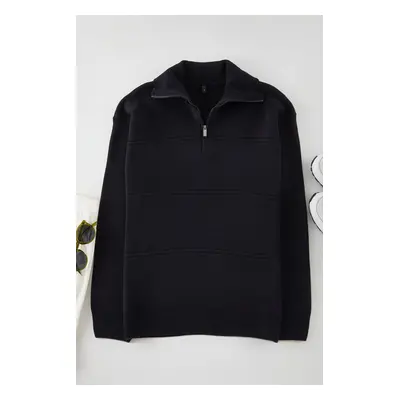 Trendyol Navy Blue Oversize Zippered Collar Plain Knitwear Sweater