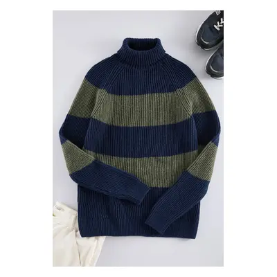 Trendyol Khaki Slim Wool Turtleneck Color Block Knitwear Sweater