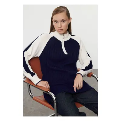 Trendyol Navy Blue Color Block Zipper Collar Knitwear Sweater