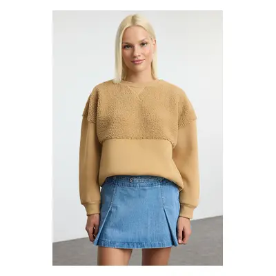 Trendyol Light Brown Plush Stitch Detailed Oversize/Wide Pattern Thick Knitted Sweatshirt