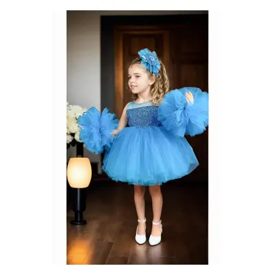 N4732 Dewberry Chiffon Sequined Girls Evening Dress-BLUE