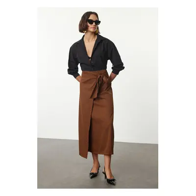 Trendyol Brown Double Breasted Tie Detailed Linen Look Woven Skirt