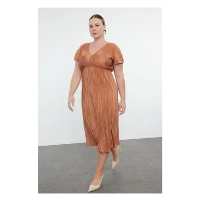 Trendyol Curve Brown Reversible Pleated Midi Plus Size Dress