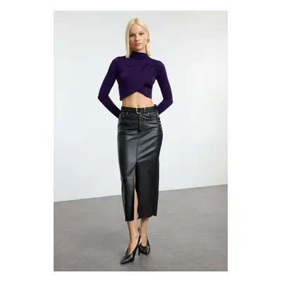 Trendyol Purple High Collar Draped Crop Knitted Blouse