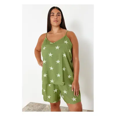 Trendyol Curve Mint Star Patterned V-Neck Woven Pajama Set