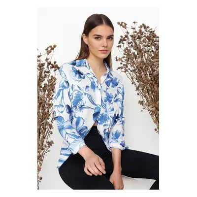 Trendyol Blue Floral Patterned Regular Fit Woven Shirt